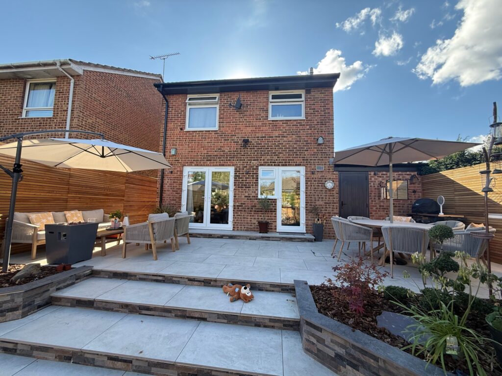 Exterior refurbishment Crawley 5 Rear elevation in Crawley with matching white triple-glazed windows and French doors
